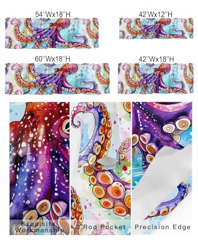 BUWOOGER Rod Pocket Window Valances Summer Coastal Octopus Kitchen Curtains 54x18IN, 1 Panel C33712