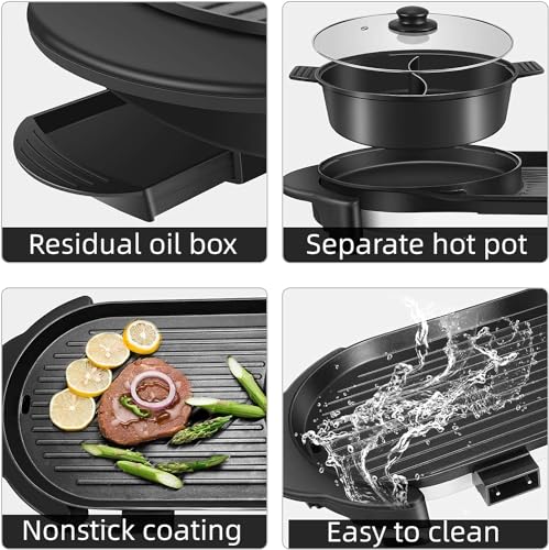 BOEASTER Electric Hot Pot with Grill, Removable Non-Stick, Adjustable Temperature N97558