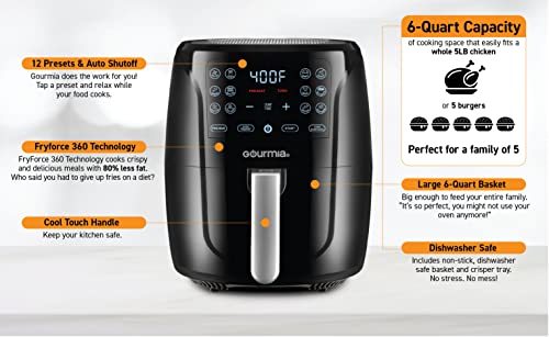 Gourmia FRY FORCE 360 Air Fryer Oven, 12 Presets, XL Basket, 1500W, Black Stainless Steel J899