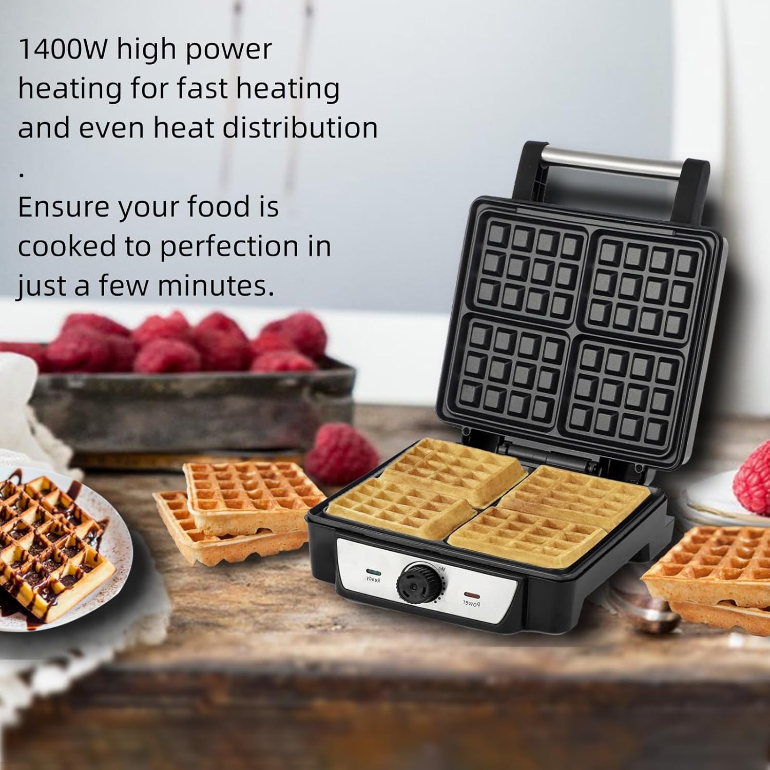 4 Slice Belgian Waffle Maker with Non-Stick Pan L385