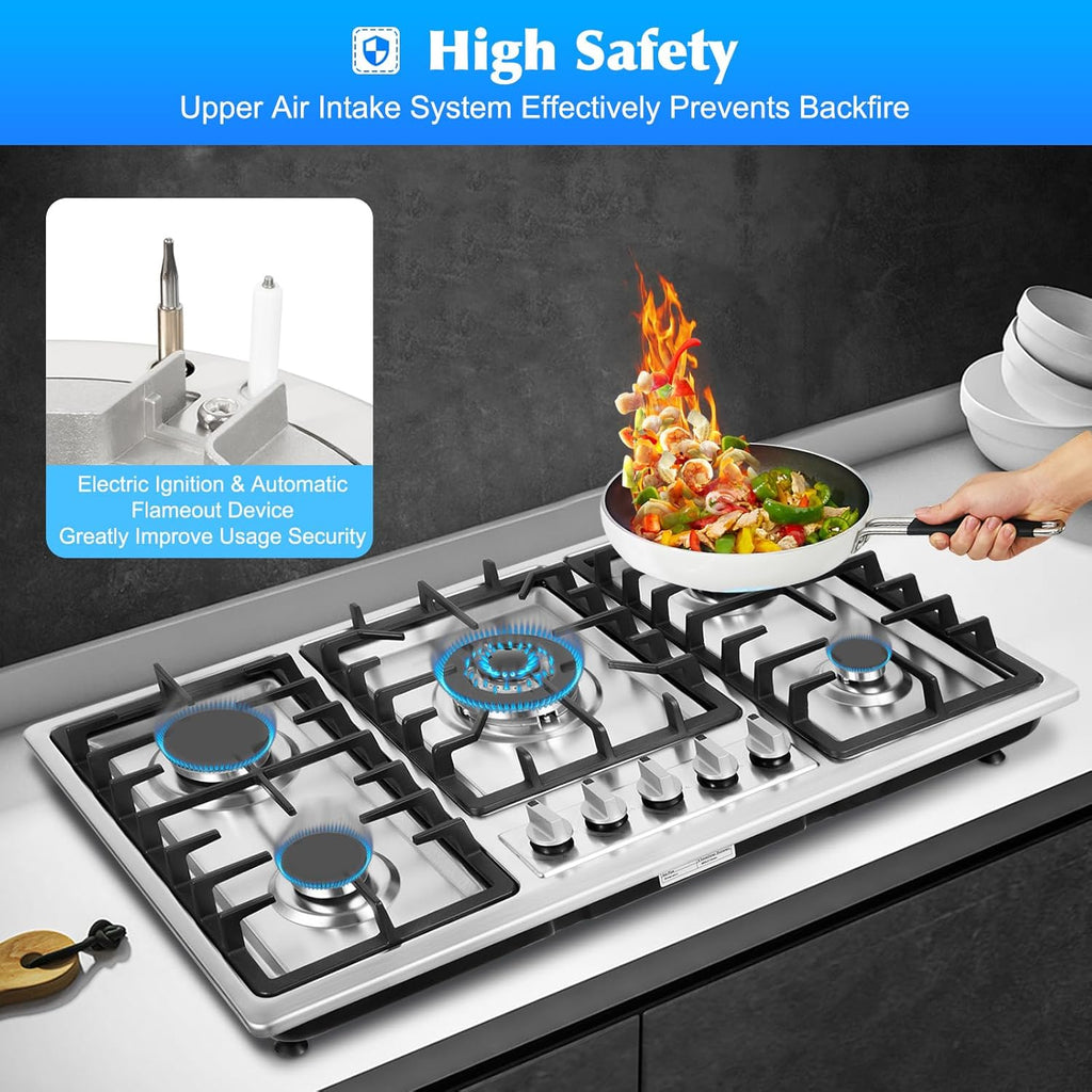 Gas Cooktop 34 inch 5 Burners Built-in Stainless Steel NG/LPG R454