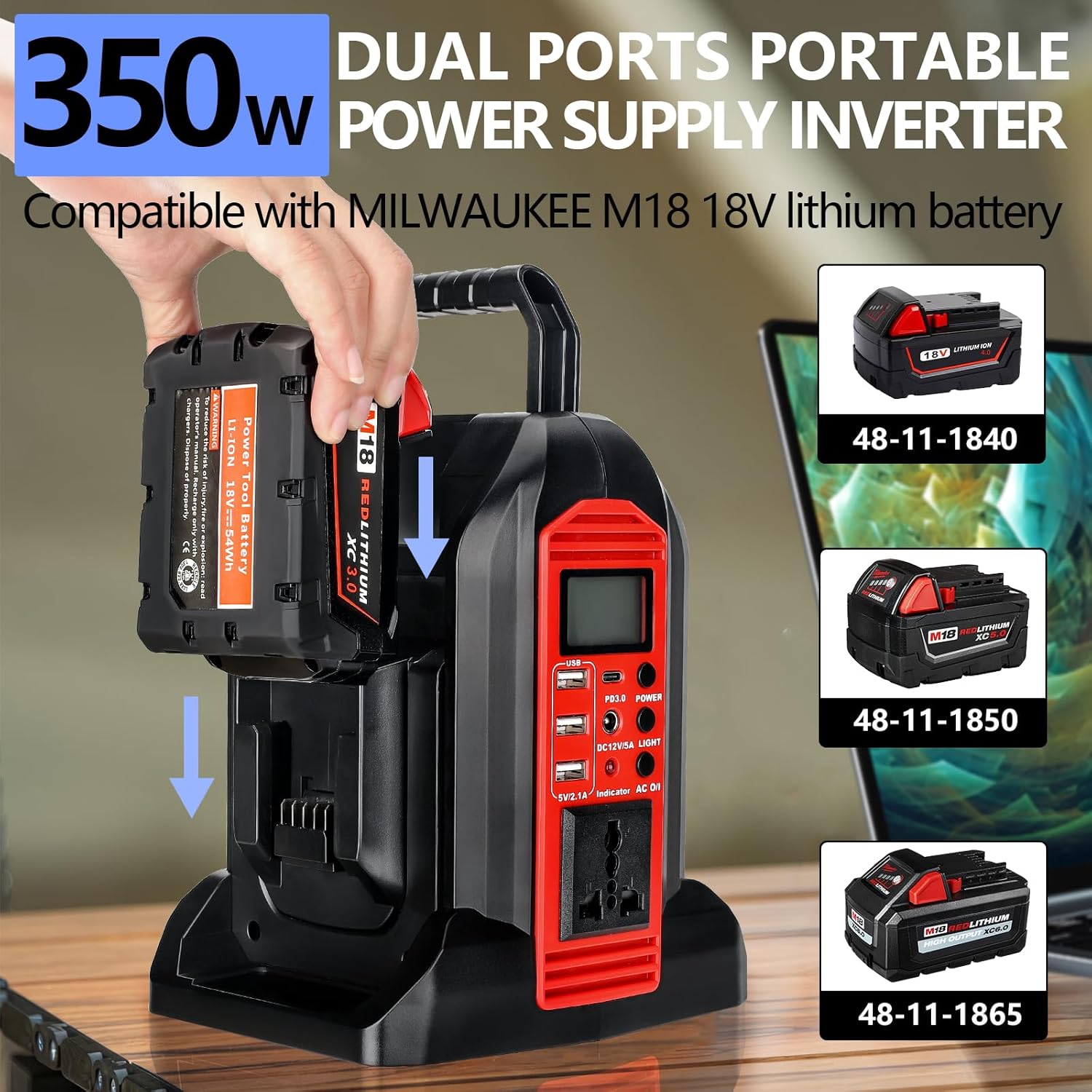 350W Power Inverter for Milwaukee M18 18V Battery, DC to AC 110V J8935