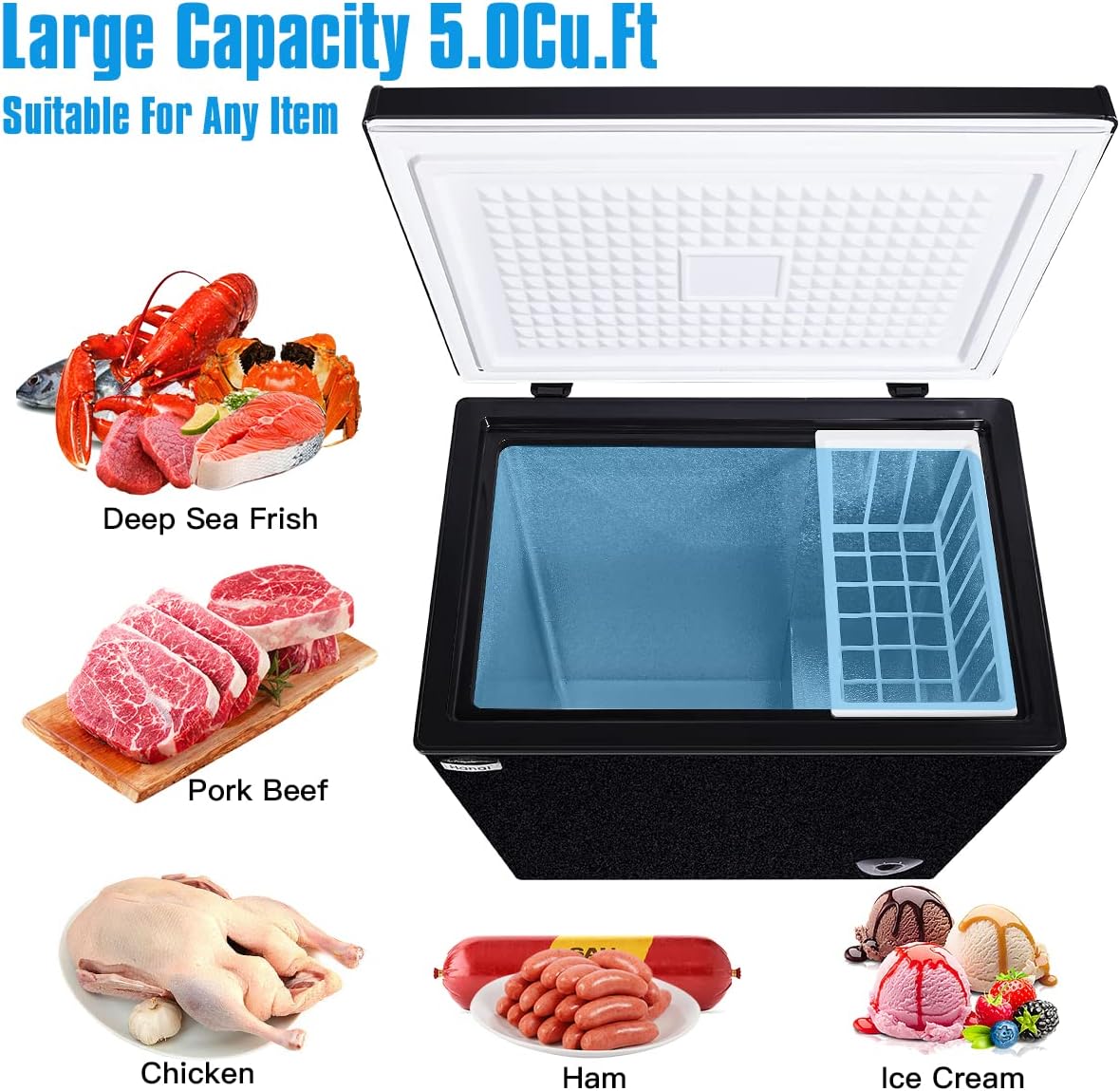 WANAI 5.0 Cu Ft Chest Freezer with Removable Basket T5224