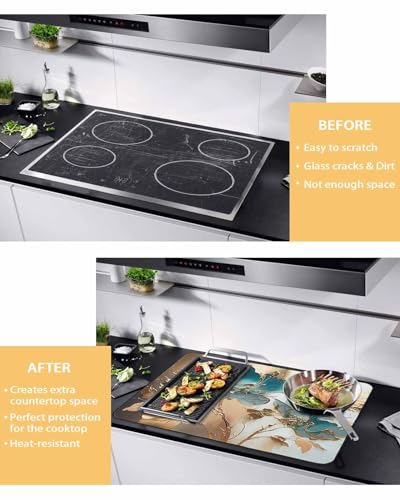 Induction Cooktop Protector Mat 24x21IN, Teal Floral Gold Foil Leaves I252059