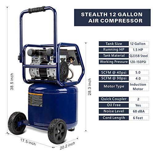 Stealth 12 Gallon Ultra Quiet Air Compressor, 1.5 HP Oil-Free, 150 PSI V9003