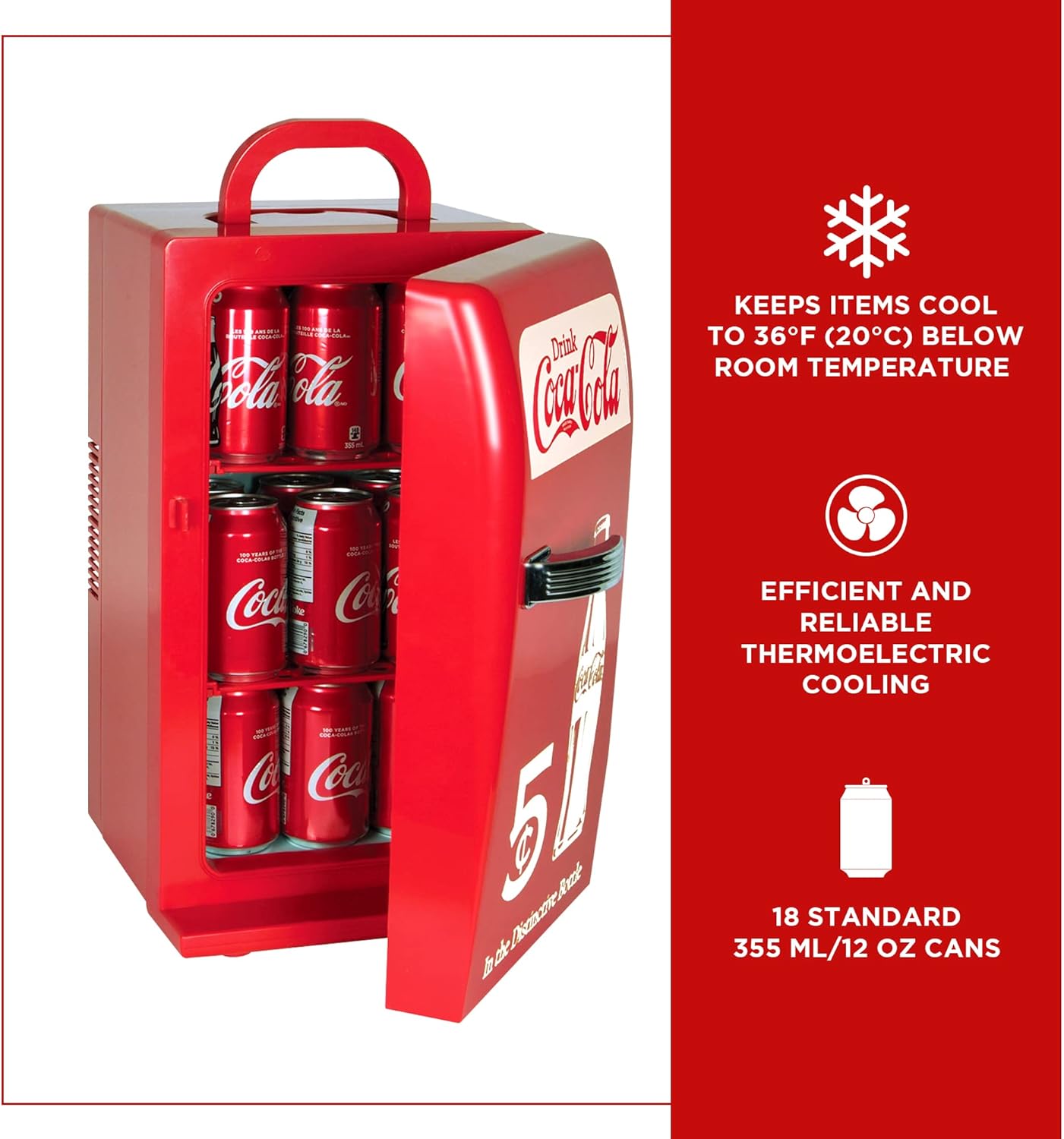 Coca-Cola Retro 18 Can Mini Fridge 22L, AC/DC Portable Cooler with 12V and AC Cords P411416