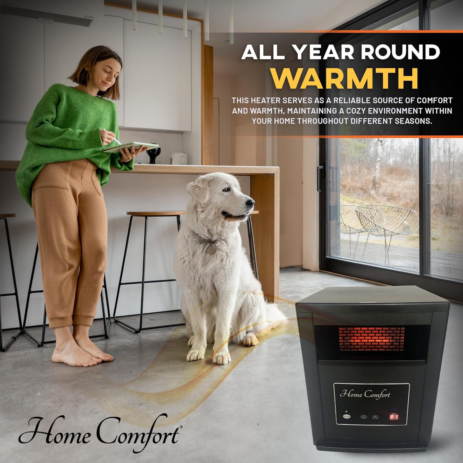 Home Comfort 1500W Infrared Heater with Thermostat and Remote Control, Black P998994