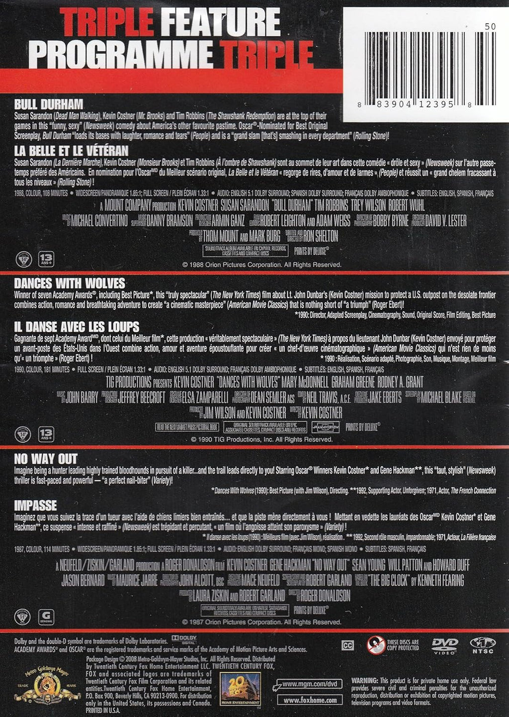 Kevin Costner Triple Feature: Bull Durham / Dances with Wolves / No Way Out F13243