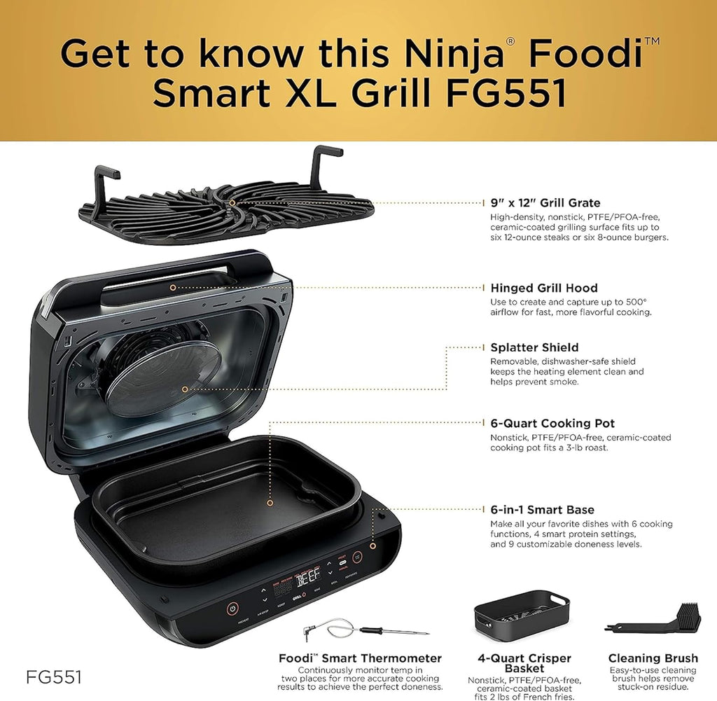 Ninja FG551 Foodi Smart XL 6-in-1 Indoor Grill with Air Fry, Black/Silver D573