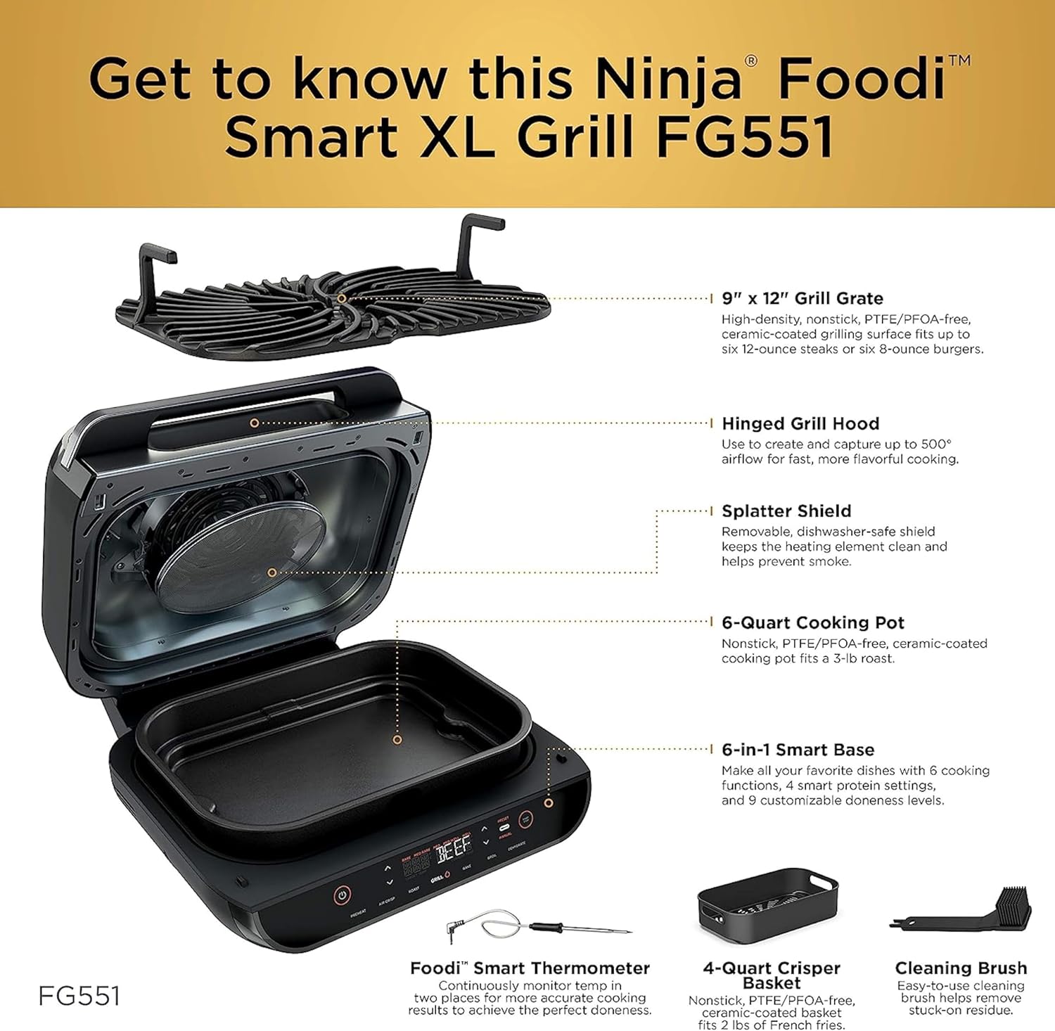 Ninja FG551 Foodi Smart XL 6-in-1 Indoor Grill with Air Fry, Black/Silver D573