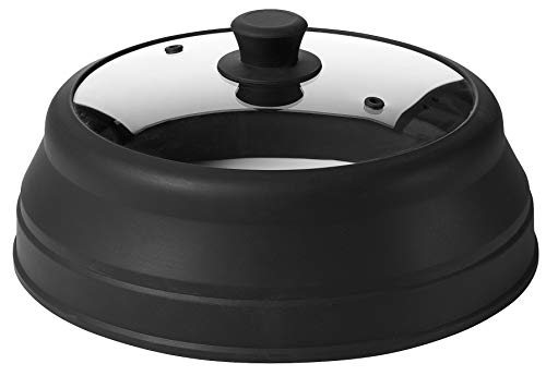 Microwave Glass Plate Cover Lid - Vented and Collapsible Design with A Safe and Easy Grip Silicone Handle – 10.5 Inch Diameter