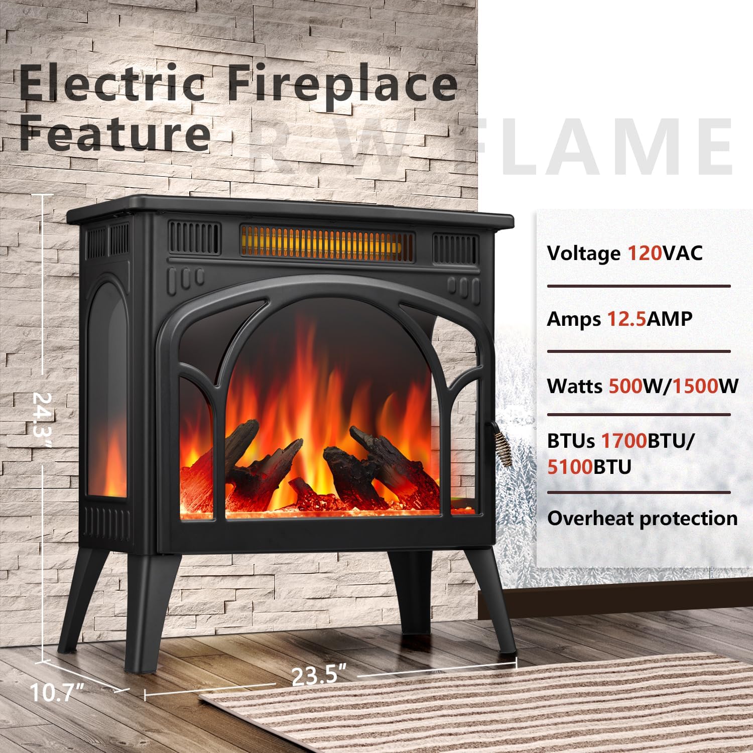 R.W.FLAME Electric Fireplace Heater 25" Freestanding Infrared Stove Q27460