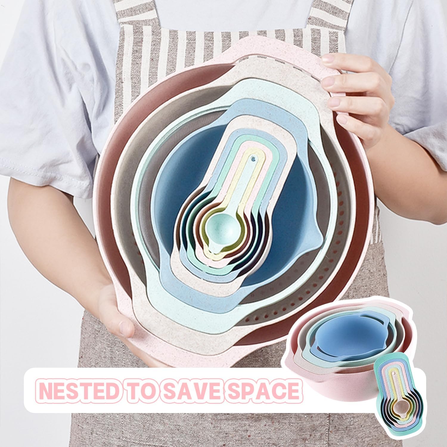 10 Piece Nesting Serving Bowls with Measuring Cups Colander and Sifter Set E763032
