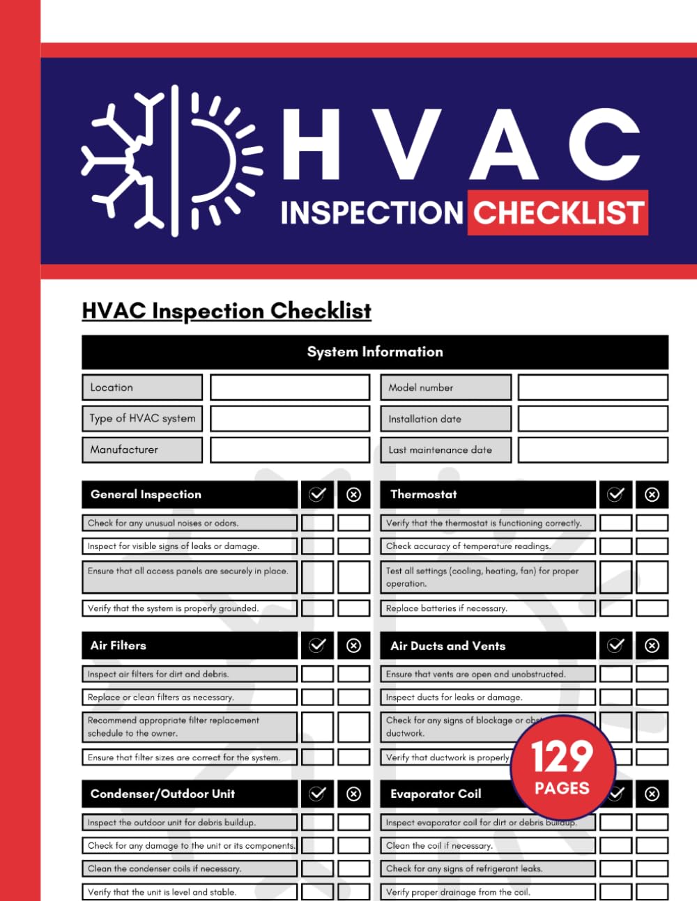 HVAC Inspection Checklist: +60 Forms | 8.5” x 11”| 129 Pages