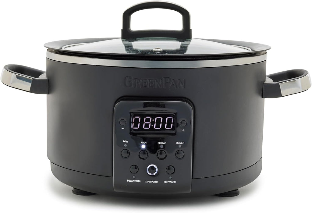 GreenPan Bistro Noir 4QT Electric Slow Cooker with Lid, 6-in-1 Multifunction Heating Presets, Hard Anodized PFAS-Free Removeable Inner Pot with Ceramic Nonstick Coating, Easy Grip Handles, Matte Black