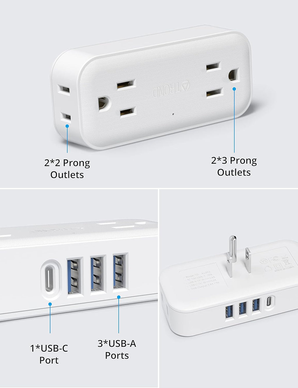 TROND Outlet Extender, 4 Electrical Outlets 4 USB Ports (1 USB C), White K39734