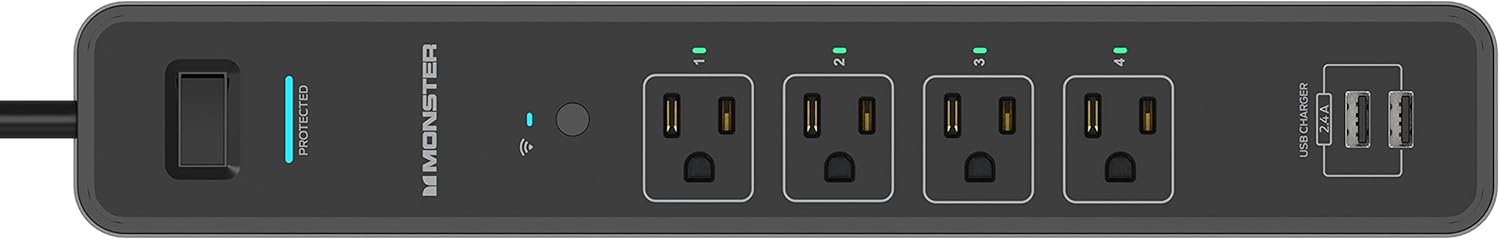 Monster Smart Power Outlet WiFi with Alexa & Google Assistant, 4 Outlets 2 USB-A, Black J392