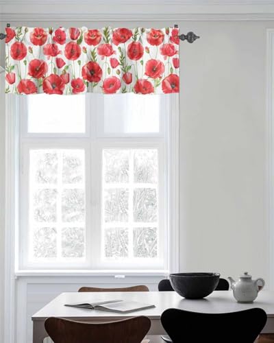 BUWOOGER Rod Pocket Window Valances Watercolor Red Poppy Flower White Short Kitchen Curtains 54x18IN, 1 Panel P92331