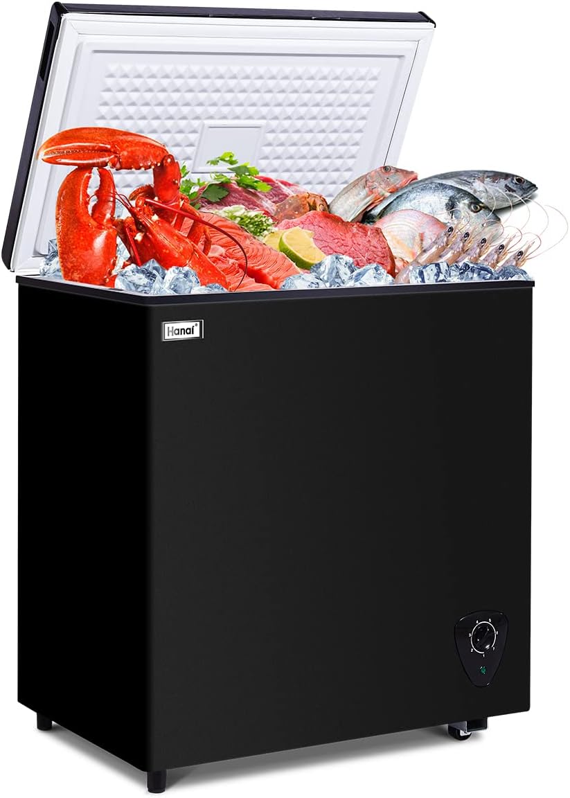 Deep Freezer Chest Freezer WANAI 5.0 Cubic Small Deep Freezer with Top Open Door and Removable Storage Basket, 7 Gears Temperature Control, Energy Saving, for Office Dorm or Apartment