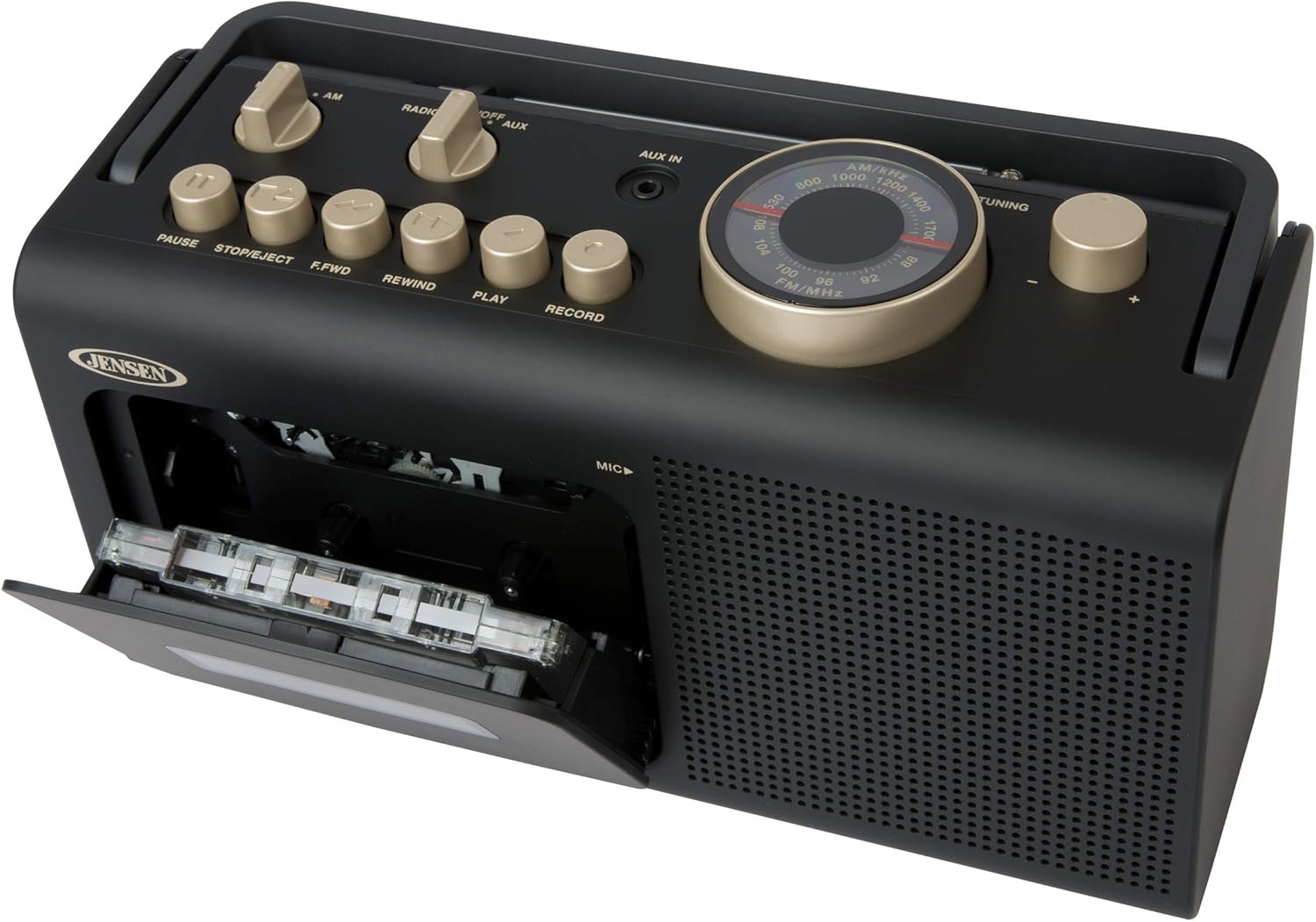 Jensen MCR-250 Portable Boombox Retro AM/FM Radio Cassette Player Recorder with Aux Input, Gold Edition W498