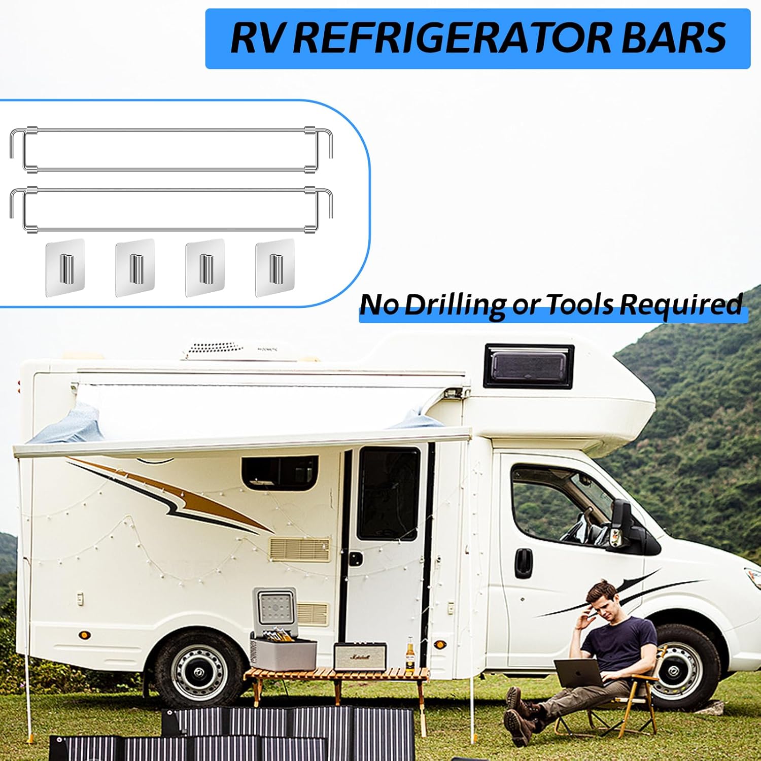 RV Adjustable Refrigerator Bars Stainless Steel Tension Rods 2 Pack C565