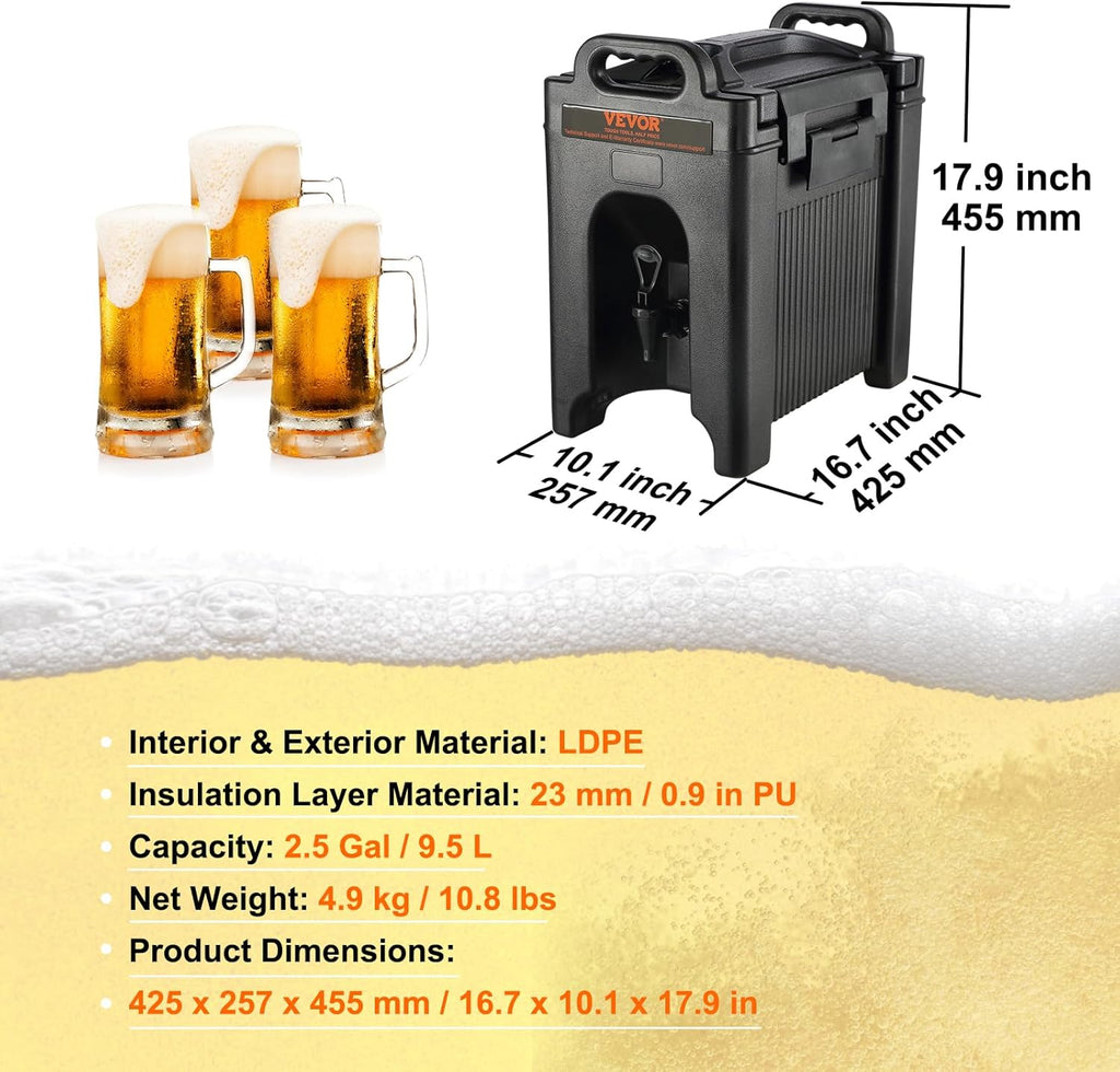 VEVOR Insulated Beverage Dispenser 2.5 Gallon, Food-grade LDPE Hot and Cold Beverage Server V159364