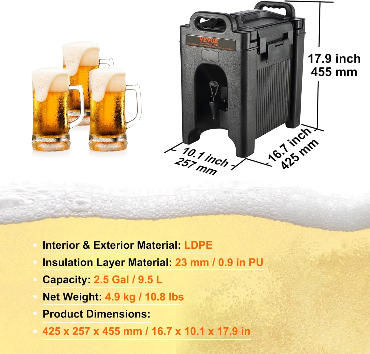 VEVOR Insulated Beverage Dispenser 2.5 Gallon, Food-grade LDPE Hot and Cold Beverage Server V159364