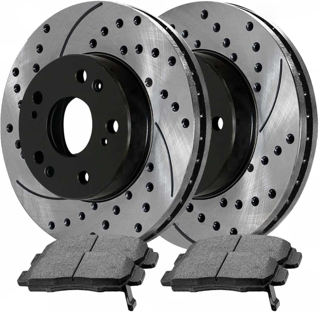 8pcs Ceramic Brake Pad Sets with Drilled and Slotted Rotors Kit Front Rear Black I300969