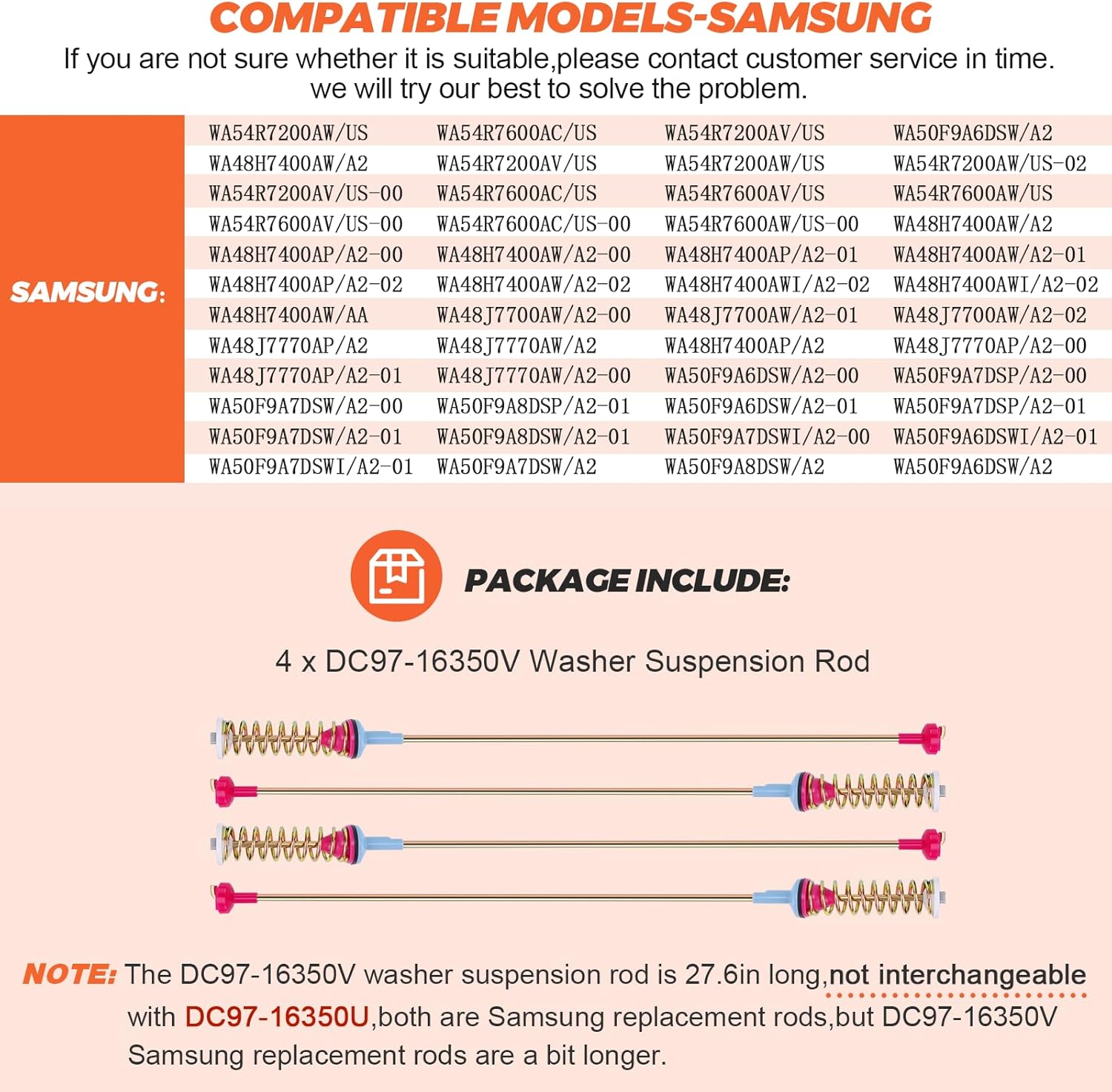 DC97-16350V Washer Suspension Rods 27.6in Replacement for Samsung WA54R7200AW/US O209543