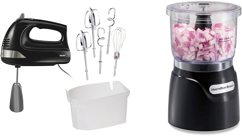 Hamilton Beach 6-Speed Hand Mixer with Storage Case, Whisk & Hooks Bundle with 3-Cup Food Chopper