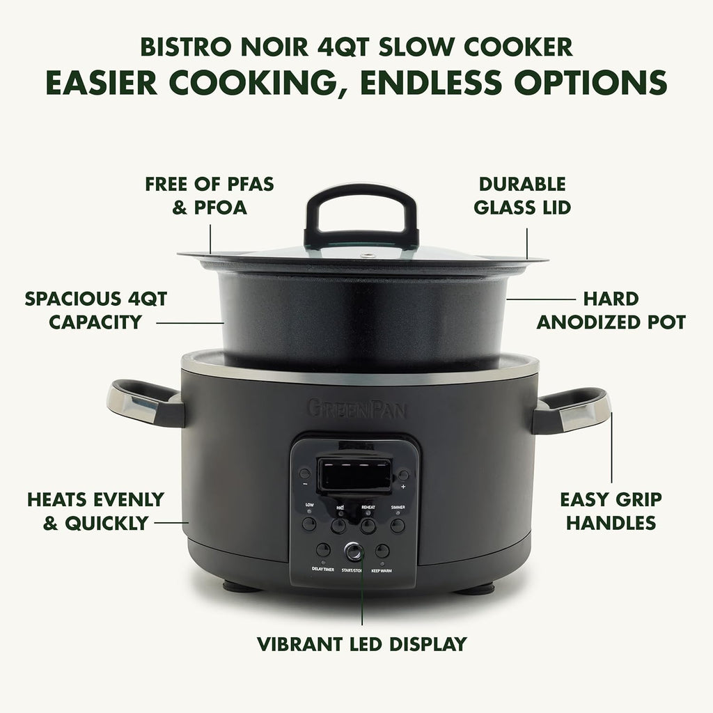 GreenPan Bistro Noir 4QT Electric Slow Cooker with Lid, PFAS-Free Ceramic Nonstick Inner Pot L69192
