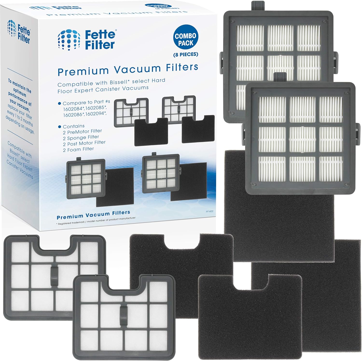 Fette Filter - Filter Set Compatible with Bissell Hard Floor Expert Canister Vacuum Series 1154 & 1161 Contains- 2 PreMotor 2 Sponge 2 Post Motor 2 Foam Part #s 1602084, 1602085, 1602086, 1602094.