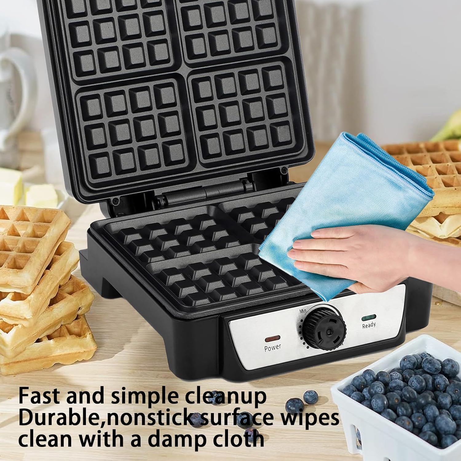 4 Slice Belgian Waffle Maker with Non-Stick Pan L385