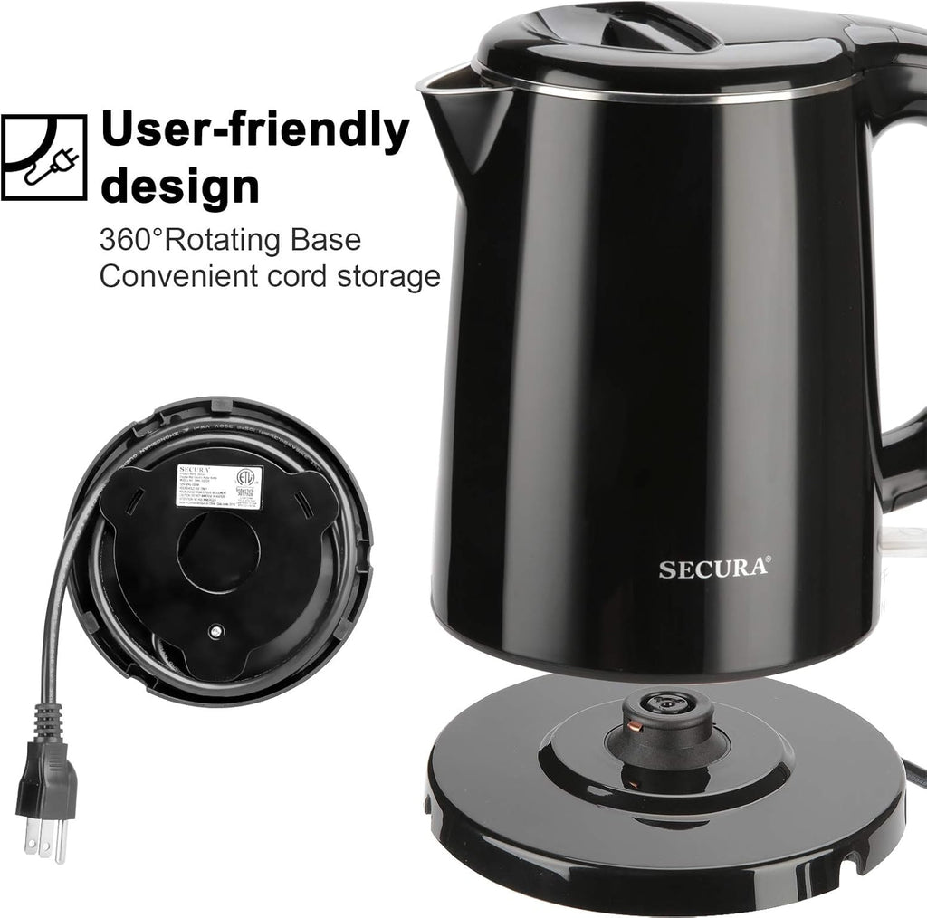 Secura Stainless Steel Double Wall Electric Kettle 1.0L Black E806