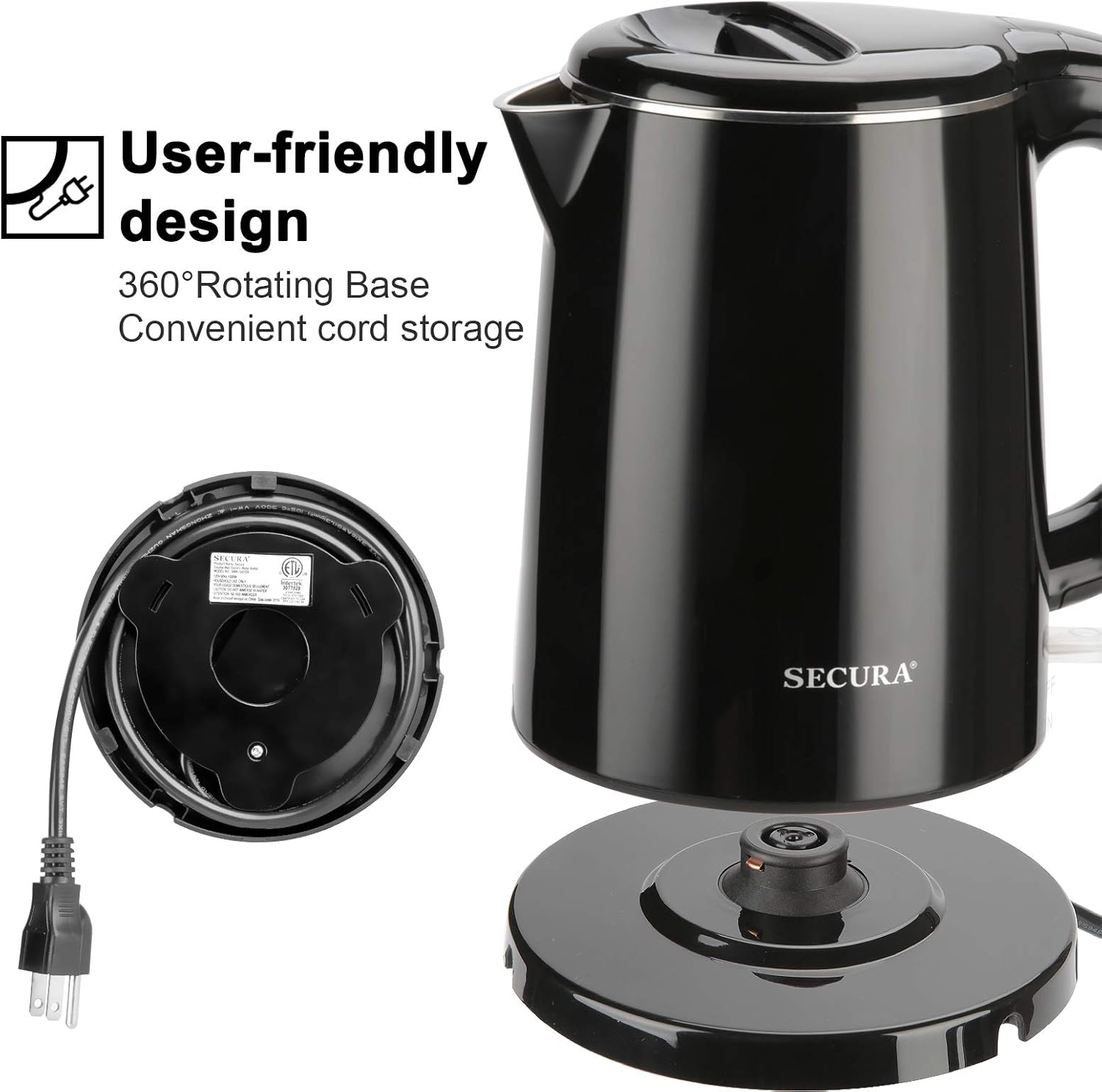 Secura Stainless Steel Double Wall Electric Kettle 1.0L Black E806
