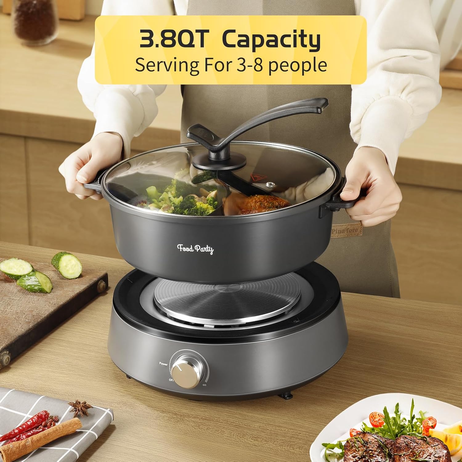 Electric Hot Pot with Divider, 5L Dual-Sided Shabu Shabu Cooker, Non-Stick 110V O492608