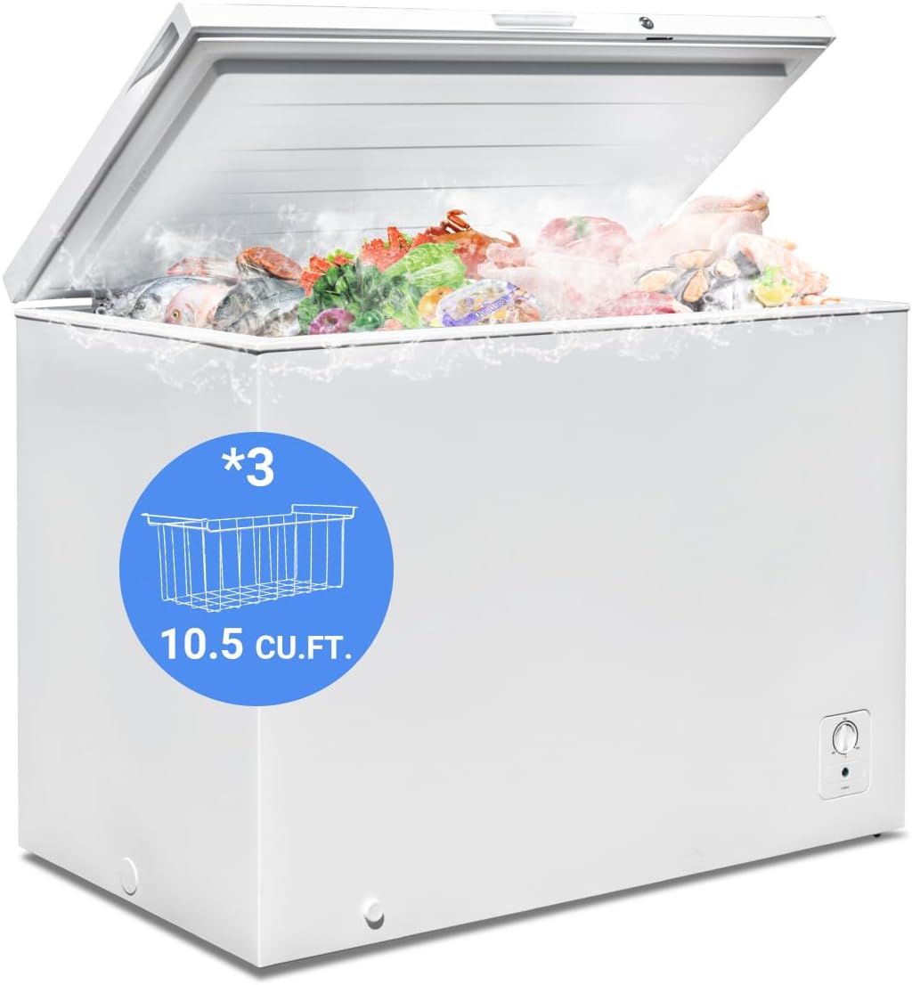 Smad Chest Freezer 10 Cu. Ft. Large Deep Freezer with Lock and Adjustable Thermostat, Low Noise, Garage Ready Chest Freezer for Home, Kitchen, and Basement, White