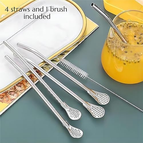 KINTEGOOD 4pcs Stainless Steel Spoon Straws with Cleaning Brush J1664