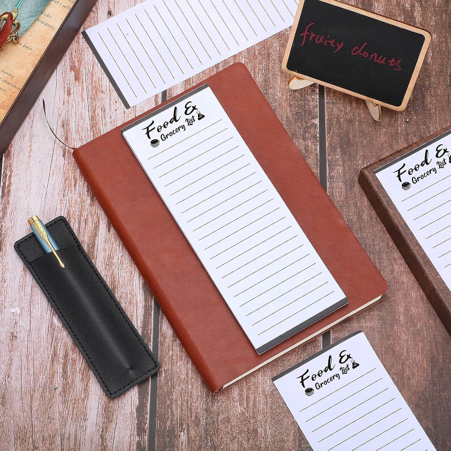 2 Pieces Magnetic Grocery List Set with Pen Holder, PU Leather Notepad for Refrigerator Q69733