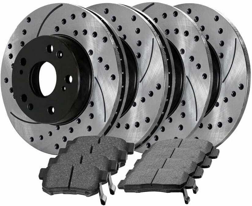 8pcs Ceramic Brake Pad Sets 4pcs Drilled and Slotted Rotors Kit Front Rear Side Black Performance Drilled and Slotted SCD787PR41259 980138R EHT537H