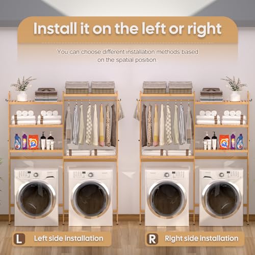 Cozivolife Over Washer Dryer Storage Shelf Bamboo 5 Tier Laundry Rack with Hooks G707