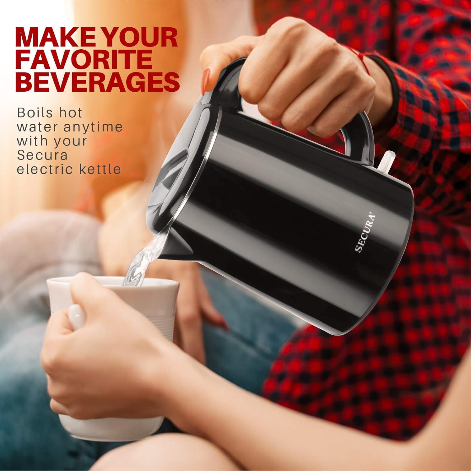 Secura Stainless Steel Double Wall Electric Kettle 1.0L Black E806