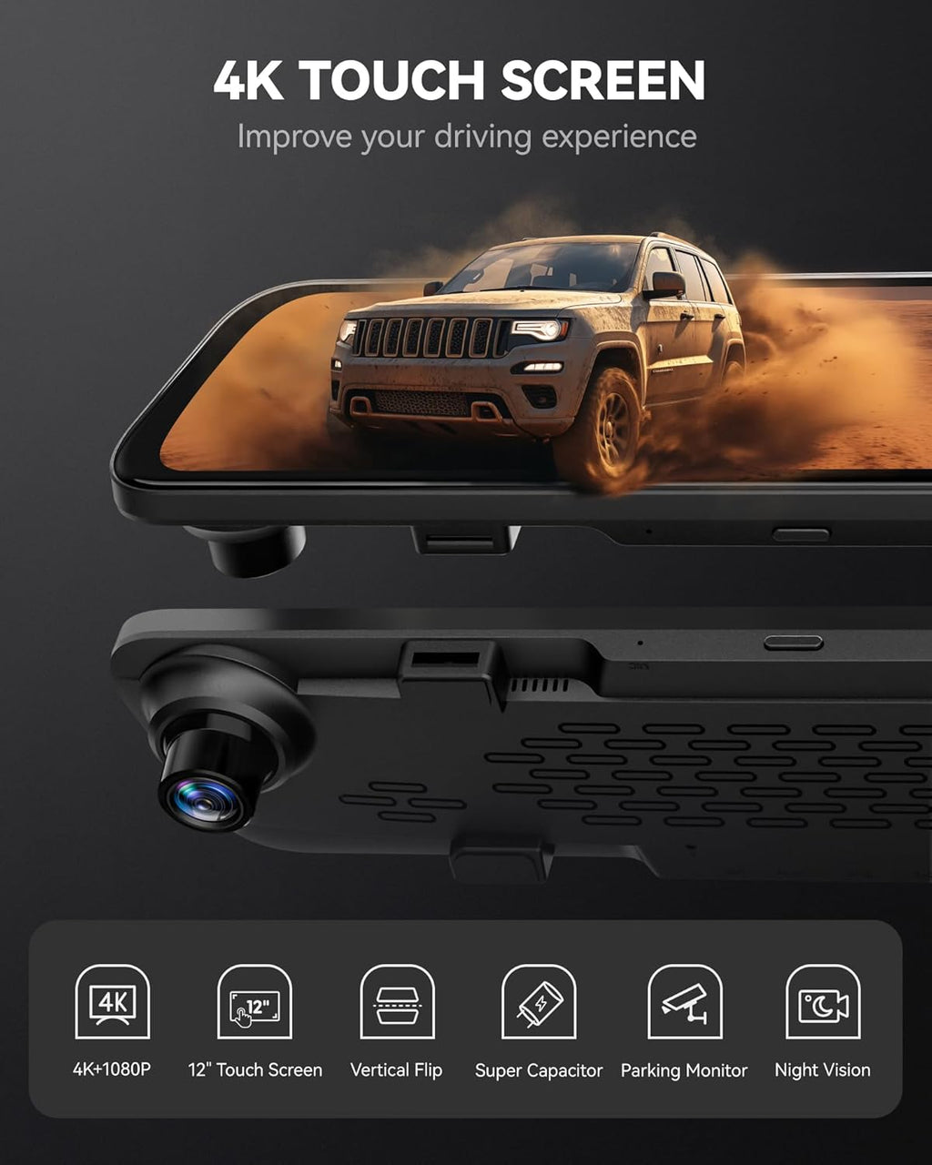 WOLFBOX G840S 12" 4K Mirror Dash Cam Backup Camera with Front and Rear Dual Cameras L37563
