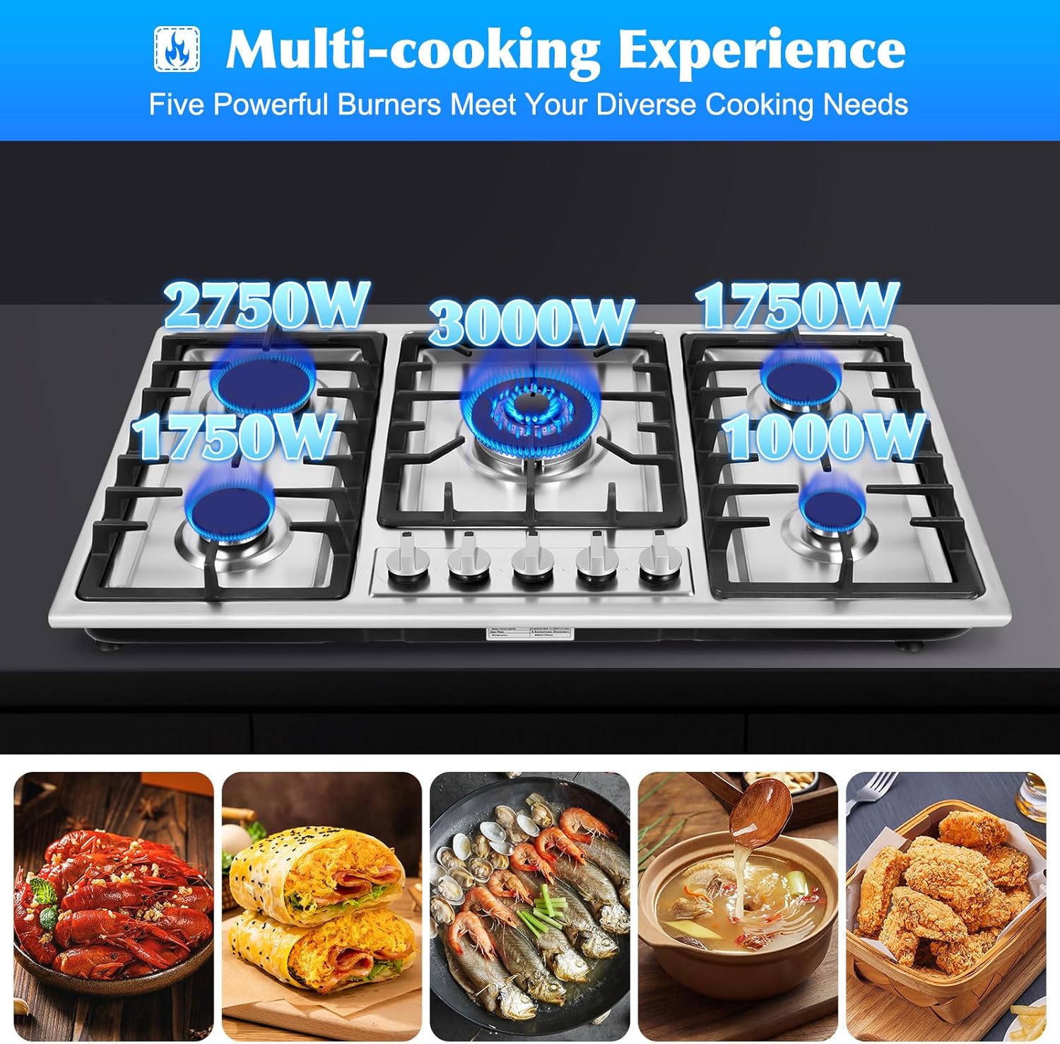 Gas Cooktop 34 inch 5 Burners Built-in Stainless Steel NG/LPG R454