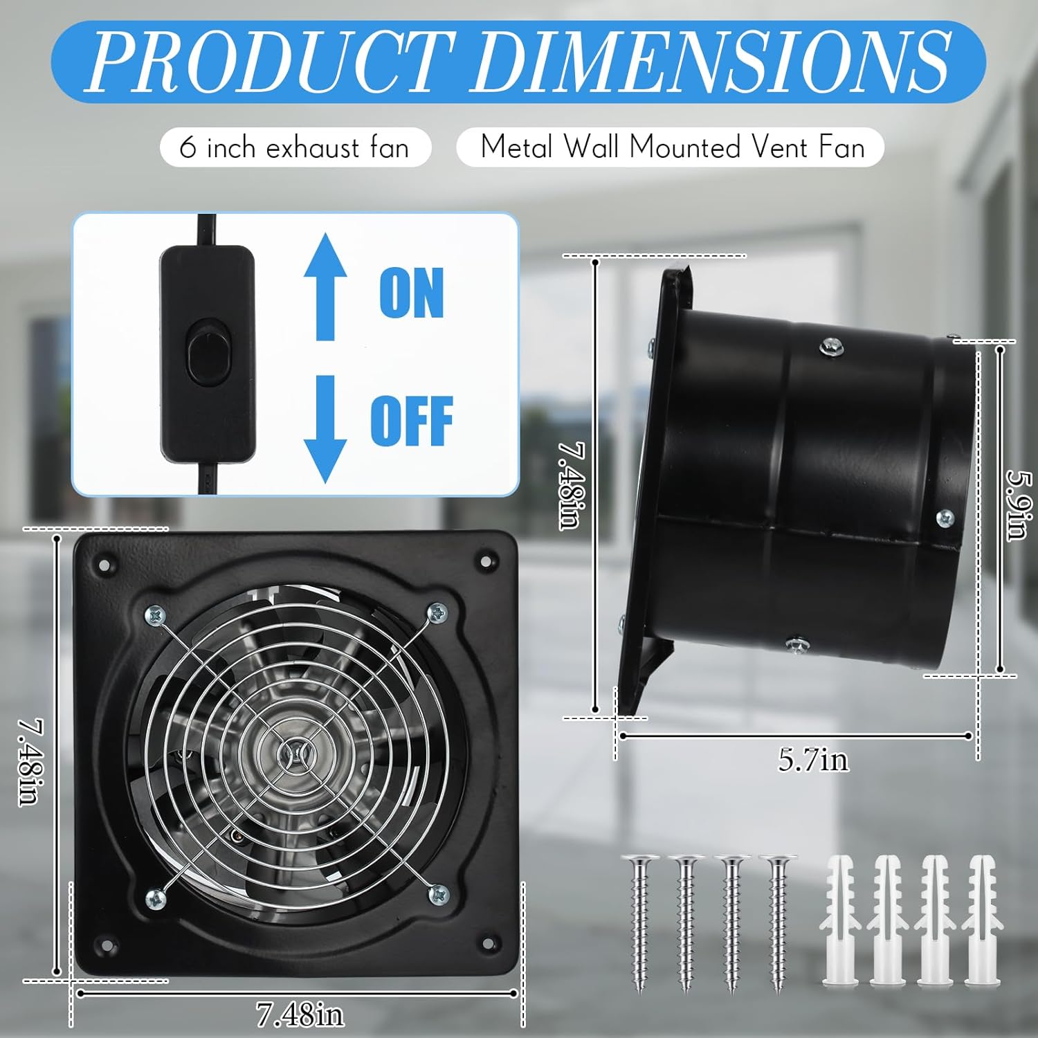6 Inch Exhaust Fan 308CFM with Switch and Damper, Black Z829