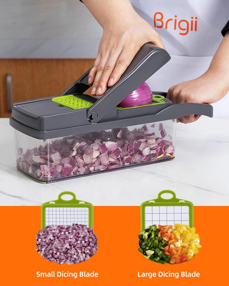 Brigii Vegetable Chopper with 12 Kitchen Gadgets, Mandoline Slicer & Dicer Cutter, Gray-Green L5019