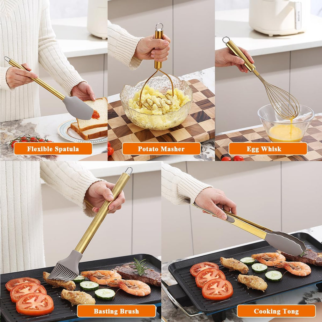 Kyraton 38 Piece Gold Kitchen Utensils Set with Rack, Silicone, Dishwasher Safe A712