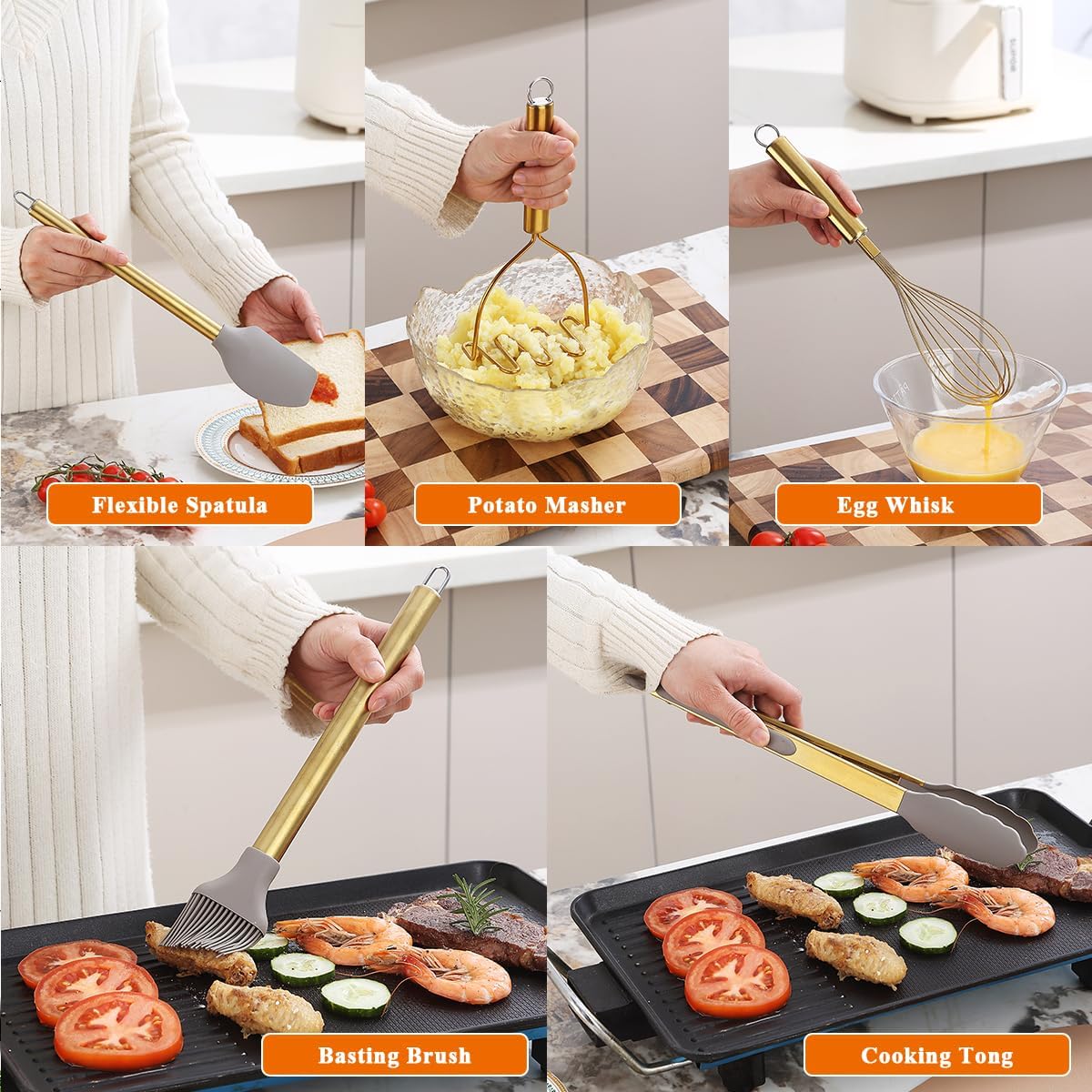 Kyraton 38 Piece Gold Kitchen Utensils Set with Rack, Silicone, Dishwasher Safe A712
