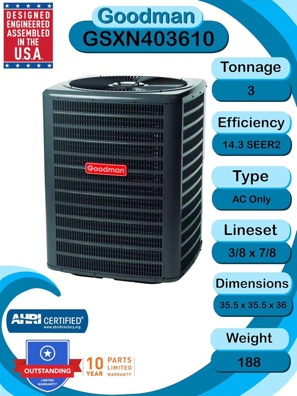 Goodman 3 TON 14.3 SEER2 AC Unit (GSXN403610) with 96% AFUE 60k BTU Low NOx Two-Stage Gas Heater (GMVC960603BN) and Upflow Evaporator (CAPTA4230C4)