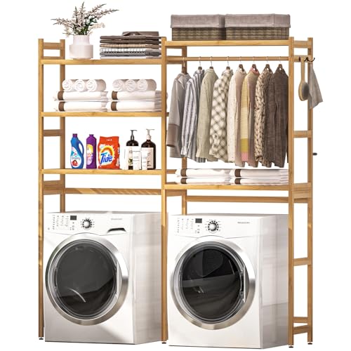 Cozivolife Over The Washer and Dryer Storage Shelf Bamboo,5 Tiers Laundry Room Drying Rack with Adjustable Shelves and 4 Hooks,Space Saver Organizer for Hanging Clothes and Towels